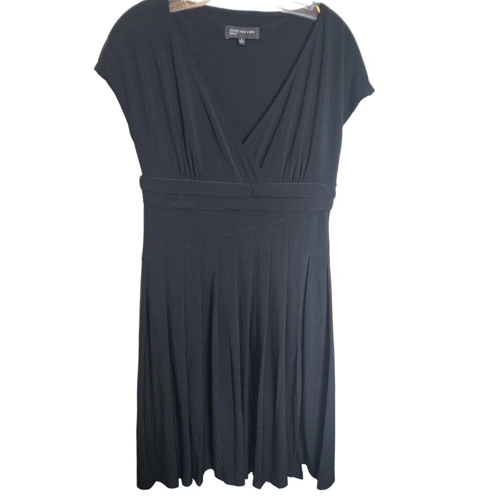 Jones New York Black V-Neck Faux Wrap Dress, Size 8
